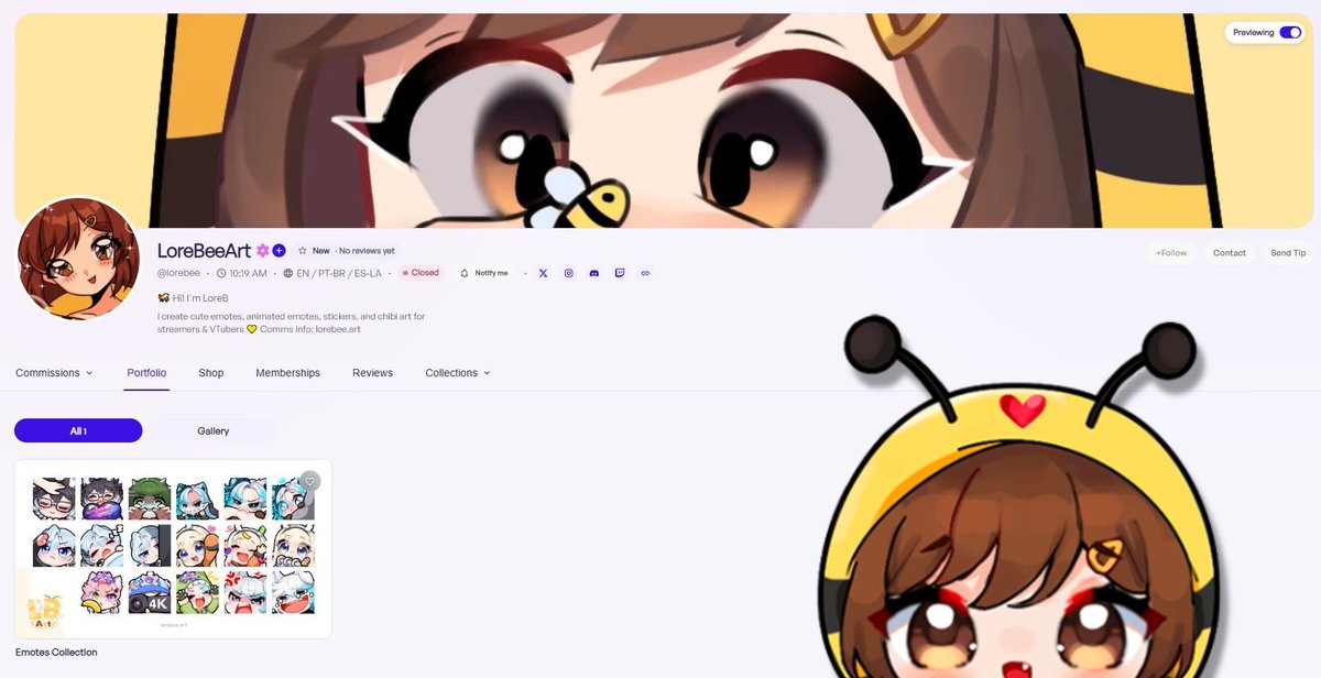 LoreBeeVT's tweet photo. Hi!! You can now find me on #CommissionsGG as well! 🐝 I’ll be adding all my services soon! 
Feel free to take a look! 💛 https://t.co/2AH6tl0wyx