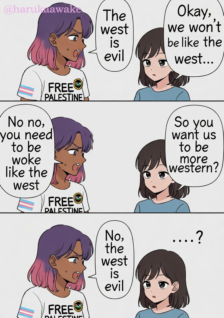 harukaawake's tweet photo. Woke leftist logic is seriously amazing.

They tell us Japanese that the west is evil but at the same time want us to copy the worse parts of it. How does that make sense? https://t.co/bEcNzaLs5v