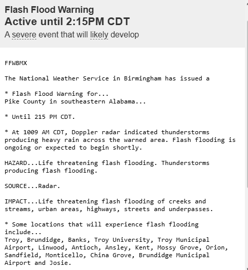 Jasamsdestiny's tweet photo. #Alabama
#FlashFloodWarning for #PikeCounty in SE Alabama til 2:15.  At 10:09, radar indicated thunderstorms producing heavy rain across the locations below.  Look to see if you're included. 
#alwx https://t.co/gvyWQq4jXC