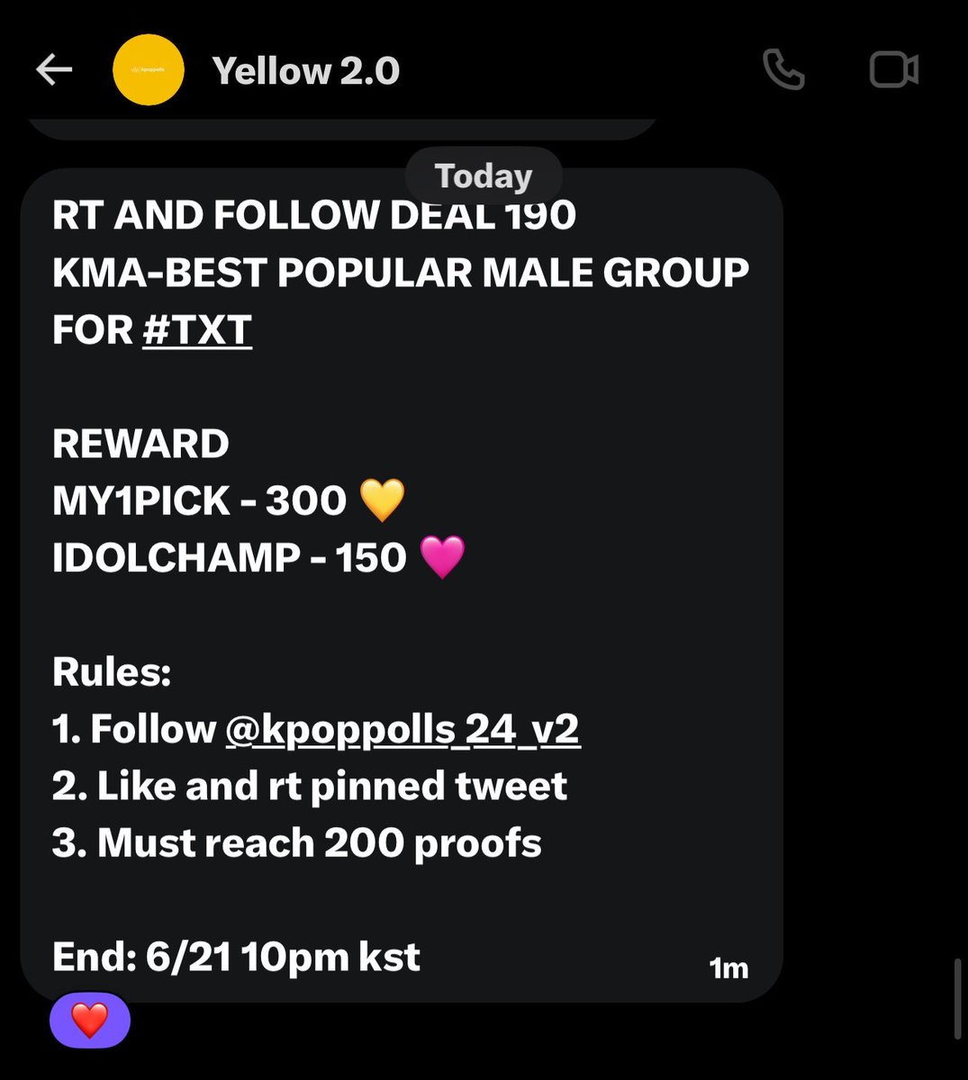 yeonstrogen's tweet photo. RT AND FOLLOW DEAL 190
KMA-BEST POPULAR MALE GROUP
FOR #TXT

REWARD
MY1PICK - 300 💛
IDOLCHAMP - 150 🩷

Rules:
1. Follow @kpoppolls_24_v2
2. Like and rt pinned tweet
3. Must reach 200 proofs

End: 6/21 10pm kst https://t.co/KixzwhoYAJ