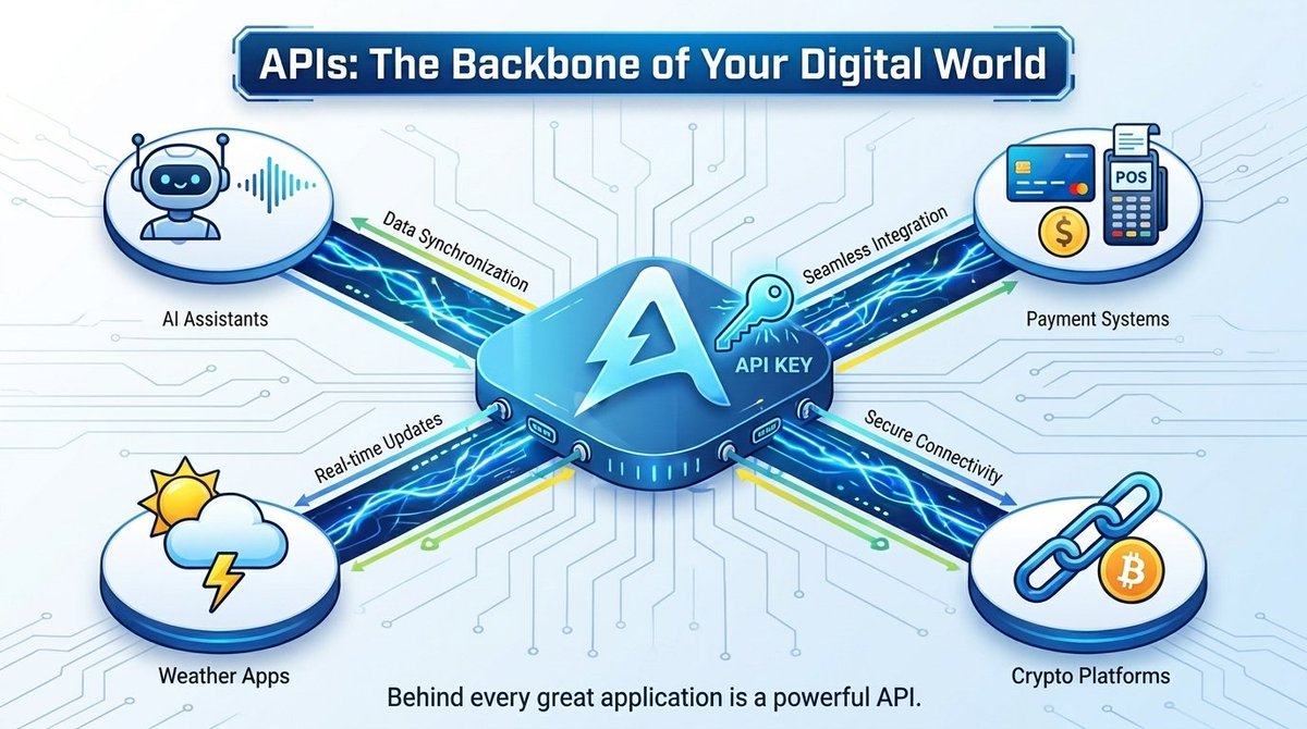 apikeyhere's tweet photo. Every app you use today depends on APIs. 🔑

From AI assistants and payment systems to weather apps and crypto platforms — APIs make everything work together.

Behind every great application is a powerful API.

#API #Developer #Tech #Programming https://t.co/8PHCeRJSF6