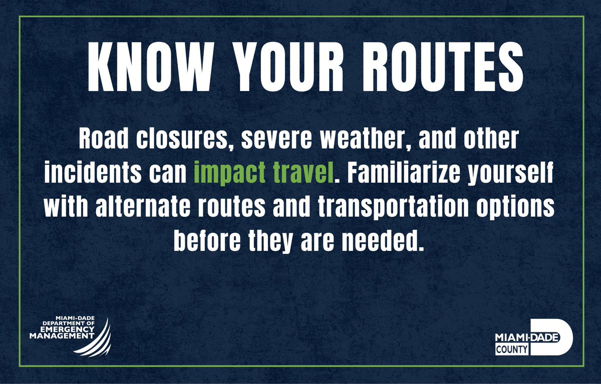MiamiDadeEM's tweet photo. Everyday preparedness starts with planning ahead. Whether it’s severe weather, a road closure, or an unexpected incident, knowing alternate routes and transportation options can help you adapt when conditions change and get where you need to go safely. Before you travel, check traffic conditions and roadway impacts at https://t.co/yJcI3rHQro.