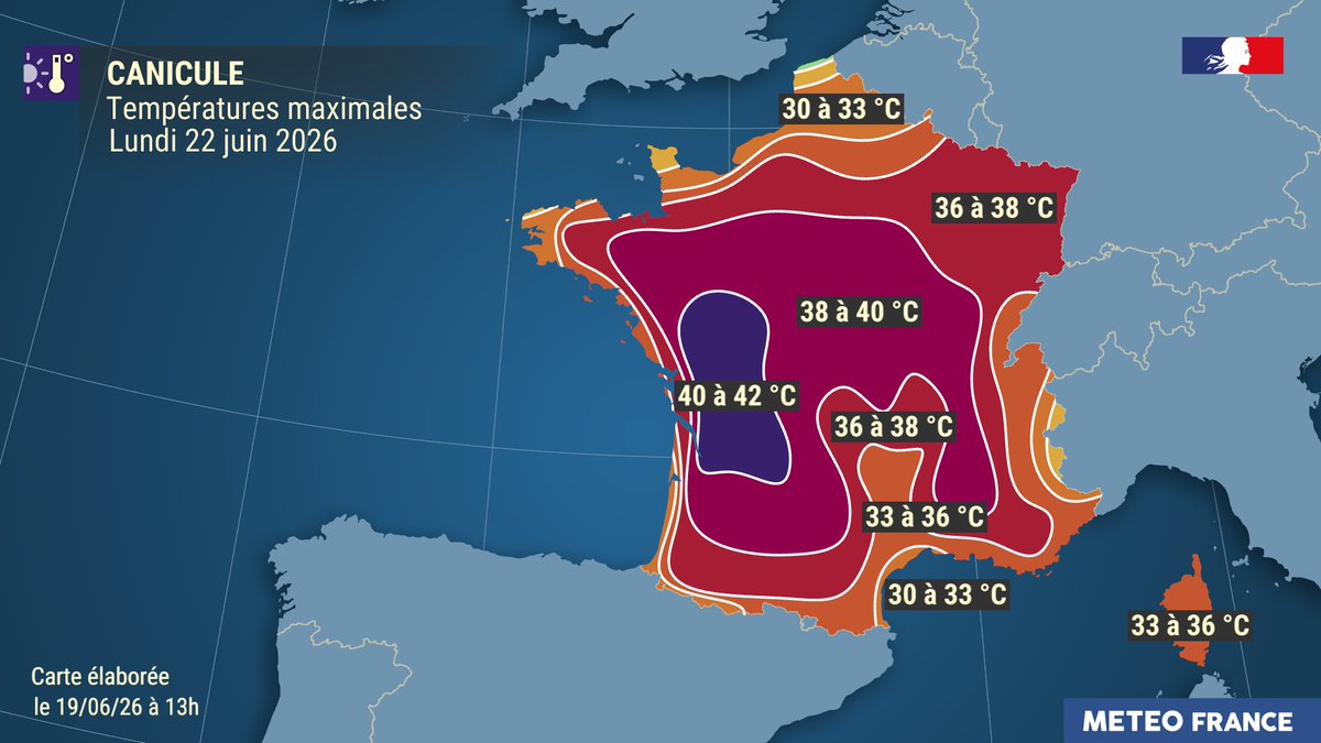 meteofrance's tweet photo. 🟠 #Canicule intense en cours sur le pays, avec de très nombreux départements en Vigilance orange.

🌡️ À l’échelle nationale, cette canicule devrait être similaire à celle de juillet 2019 et d’août 2003 en termes d’intensité pour les températures, aussi bien la nuit que le jour. https://t.co/USX7vJyaRt