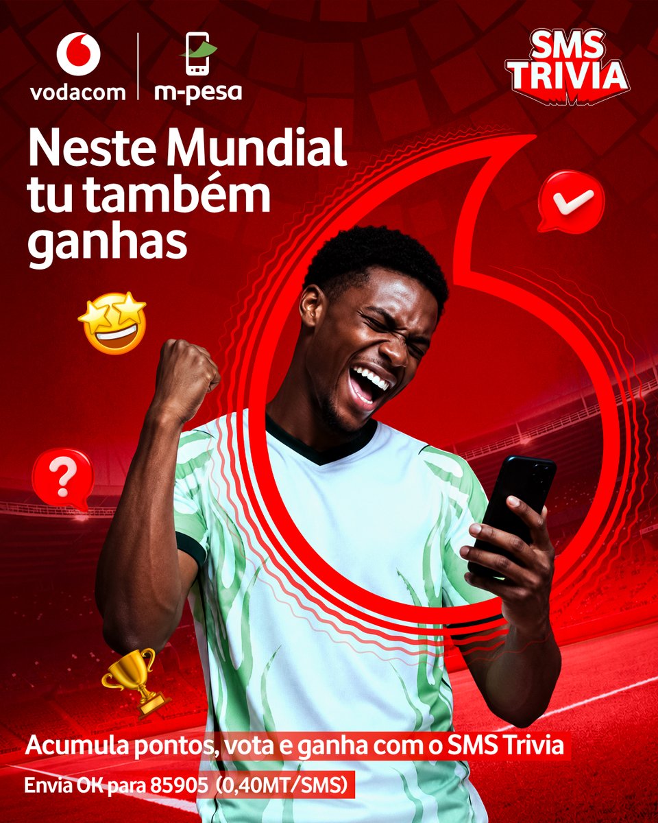 VodacomMz's tweet photo. Tá forte isso! 😤🔥 Joga o SMS Trivia, vota, acumula pontos e habilita-te a ganhar prémios e dinheiro no M-Pesa. 🤩 ​

Envia OK para o 85905.
(0,40MT/SMS)​

#SMSTriviaWC26 #EstamosON #LigadosTemosTudobom https://t.co/Qyj2aPqqvB