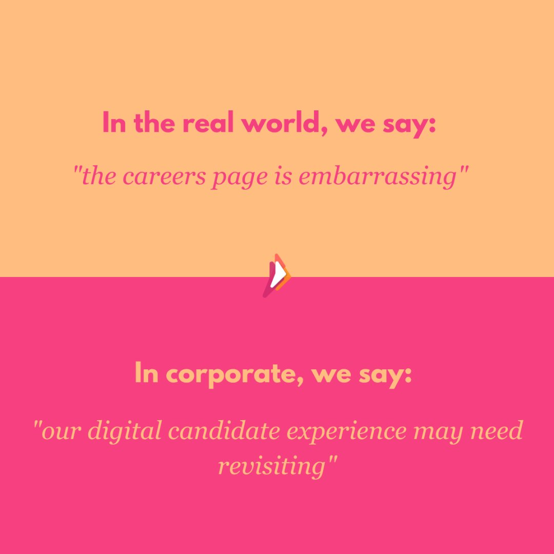 jobpixel's tweet photo. Real world vs. corporate speak, and we all know which one we actually mean...

Which one are you guilty of?

#EmployerBranding #Recruiting #TalentAcquisition #HiringHumor #JobPixel https://t.co/0lCqlwtKFF