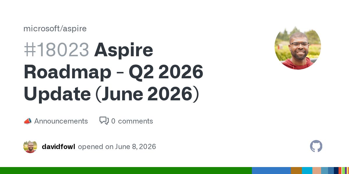 aspnetcore_news's tweet photo. Aspire Roadmap - Q2 2026 Update (June 2026) · microsoft/aspire · Discussion #18023 by @davidfowl https://t.co/kU5yA0F2Le #aspnetcore #aspire https://t.co/20KHk64ssN