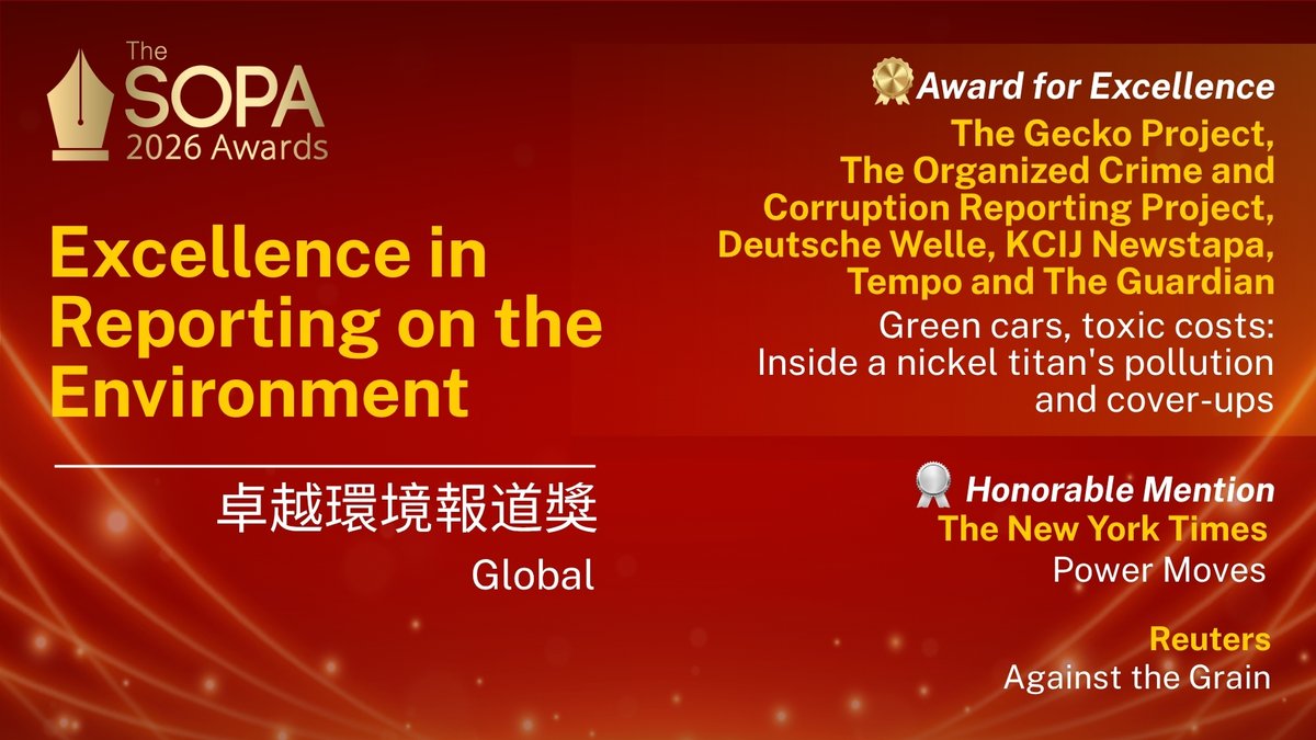 OCCRP's tweet photo. Our collaborative investigation about the environmental impacts of Indonesian nickel mining giant Harita Group has won the 2026 Society of Publishers in Asia (@sopasia) Award for Excellence in Reporting on the Environment!

This investigation with The Gecko Project (@geckoproj), Deutsche Welle (@dwnews), KCIJ-Newstapa (@kcij_newstapa), Tempo (@temponewsroom ), and The Guardian (@guardian) showed that the Harita Group had been aware for years that its mining operations in Indonesia were contaminating local waters with the carcinogen chromium hexavalent, which gained notoriety in the major motion picture ‘Erin Brokovich,’ starring Julia Roberts.

The judges highlighted the strength of the submission: “Chalk up another stellar moment for consortia journalism.”

Harita Group’s Indonesian nickel mines feed the supply chains of some of the world’s biggest electric vehicle makers. But the conglomerate’s own internal monitoring showed the operation was polluting local waters for years.

Read OCCRP's reporting here:
https://t.co/Mit3x6bjGl