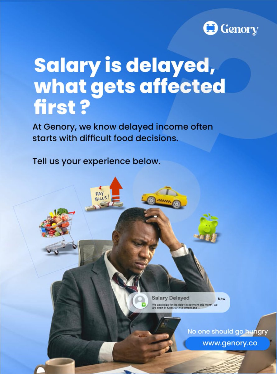 genoryhq's tweet photo. Salary delays don’t affect everyone the same way.
For some, it’s an inconvenience.
For others, it changes daily decisions.
When your salary is delayed, what gets affected first; food, transport, bills, or savings?
Let’s hear your experience. 👇
#Genory #NoOneShouldGoHungry https://t.co/Uw0shx1Zb0