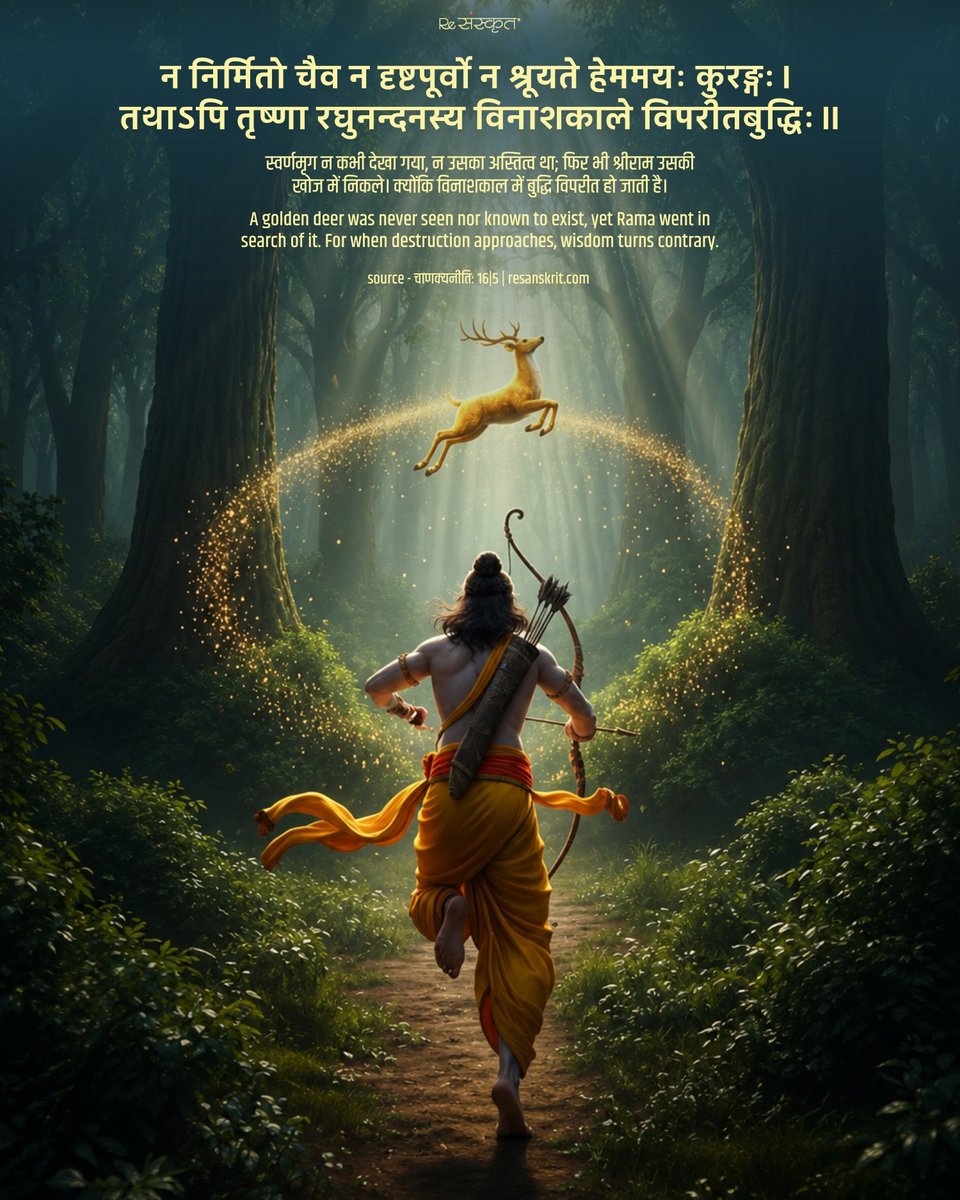 ReSanskrit's tweet photo. Not every glittering opportunity is real.

The story of the golden deer reminds us that unchecked desire can cloud judgment, making even the wise pursue illusions.

#ChanakyaNiti #Sanskrit #Wisdom #Philosophy #AncientWisdom #Ramayana https://t.co/SySTnJ09TZ