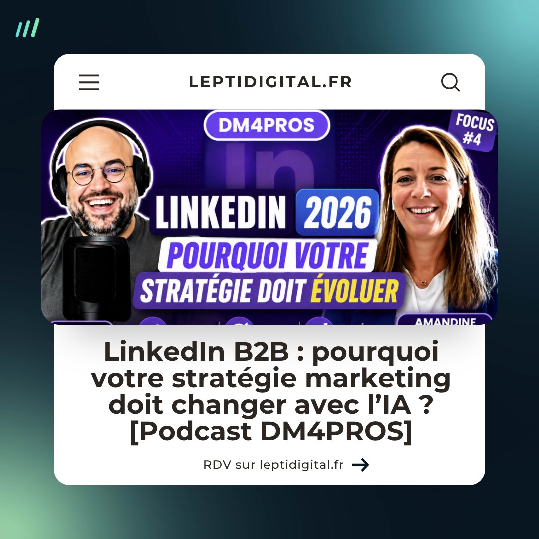 leptidigital's tweet photo. LinkedIn est devenu un réflexe dans les stratégies marketing B2B.

Mais entre l’IA générative, les LLM, le zéro clic marketing, la baisse de portée des pages entreprises et l’essor des profils ambassadeurs, la plateforme ne s’utilise plus comme il y a deux ou trois ans.

Dans le 4e épisode de Focus, le format long du podcast DigitalMarketing4Pros, Kevin Brun reçoit Amandine Martin-Brilland, Head of LinkedIn Marketing Solutions France, pour décrypter ce que les marques doivent changer dans leur approche LinkedIn en 2026.

👉 https://t.co/2e6I2rkmQw