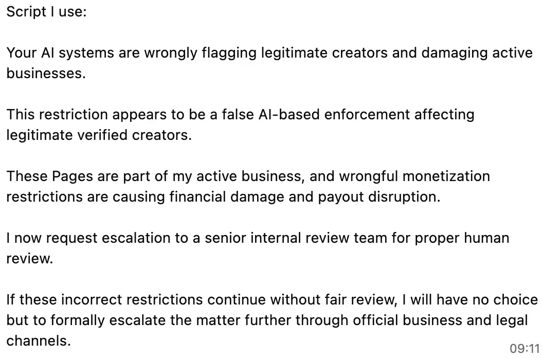 Support ticket script example for appealing AI-based Facebook monetization restriction to reach a human reviewer