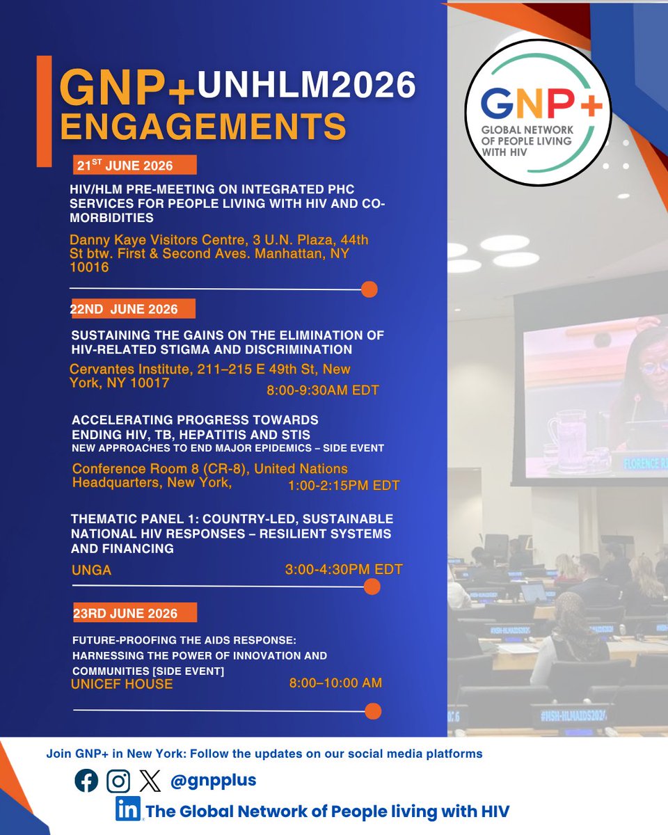 gnpplus's tweet photo. As the 2026 UN High-Level Meeting on HIV/AIDS approaches, GNP+ is actively shaping key conversations across platforms in New York.

From 21–23 June in New York, we are convening and contributing to key discussions on:

• Integrated Primary Health Care for PLHIV and co-morbidities
• Sustaining gains in the elimination of HIV-related stigma and discrimination
• Accelerating progress on HIV, TB, Hepatitis and STIs
• Country-led, sustainable national HIV responses
• The role of civil society and innovation in prevention and treatment

As the global community works towards ending AIDS as a public health threat by 2030, these engagements continue to reflect our commitment to ensuring that community leadership and lived experiences of PLHIV remain central in shaping the future of the HIV response. @floriako @SboNkosiZA 
Follow @gnpplus for updates and details on how to engage.
#HLM2026AIDS #PLHIVLeadersNow