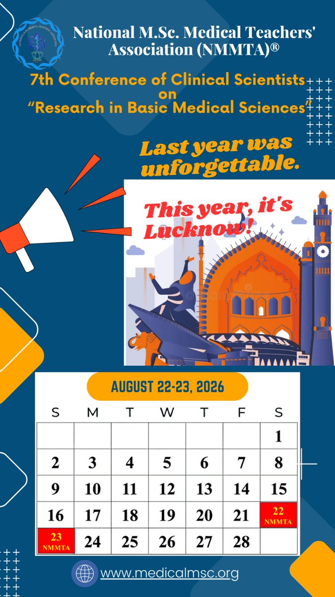 NMMTA_Assn's tweet photo. The 7th Conference of Clinical Scientists on Research in Basic Medical Sciences will be held on 22–23 August in Lucknow. 

The conference will bring together academicians, clinical scientists, researchers, and students to discuss recent advances, emerging trends, and research in basic medical sciences.

Further details regarding registration, abstract submission, and the conference schedule will be announced shortly.

#NMMTA #conference