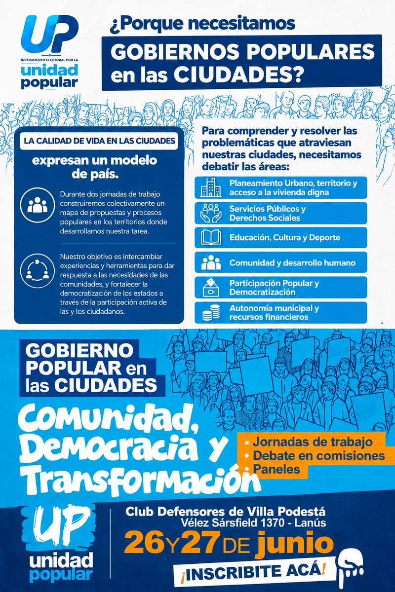 rodovicente's tweet photo. ¿CÓMO HACER PARA QUE EN NUESTRAS CIUDADES HAYA MÁS PATICIPACIÓN DE LA GENTE EN LAS DECISIONES POLÍTICAS?

Nosotros creemos que las ciudades se transforman cuando las vecinas y los vecinos son protagonistas.

Por eso la semana que viene voy a coordinar un debate donde abordaremos herramientas que profundicen las democracias municipales, como los presupuestos participativos, los consejos de la comunidad, las bancas del vecino, las asambleas vecinales y otras formas de participación.

La comisión de debate se llama "Participación Popular y Democratización" y formará parte del Encuentro Nacional de Unidad Popular, que se realizará el próximo 26 y 27 de junio.

Te paso la ubicación, si estás por Buenos Aires.

📍Club Social y Deportivo Defensores de Villa Podestá
Vélez Sarsfield 1370, Lanús Oeste, Buenos Aires.

🧑‍💻Inscribite acá: https://t.co/CpFFUsjALj 

¡Sumate a debatir y construir una alternativa popular para nuestros municipios.