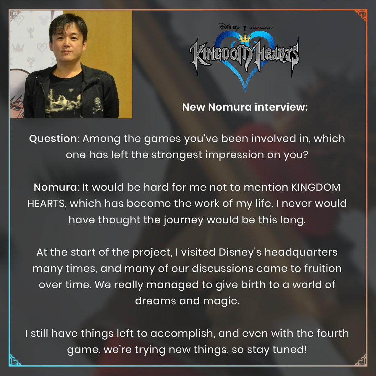 KHMLTomorrow's tweet photo. 🌟New Tetsuya Nomura interview regarding Kingdom Hearts

via Famitsu https://t.co/mtUdz7Sa1R