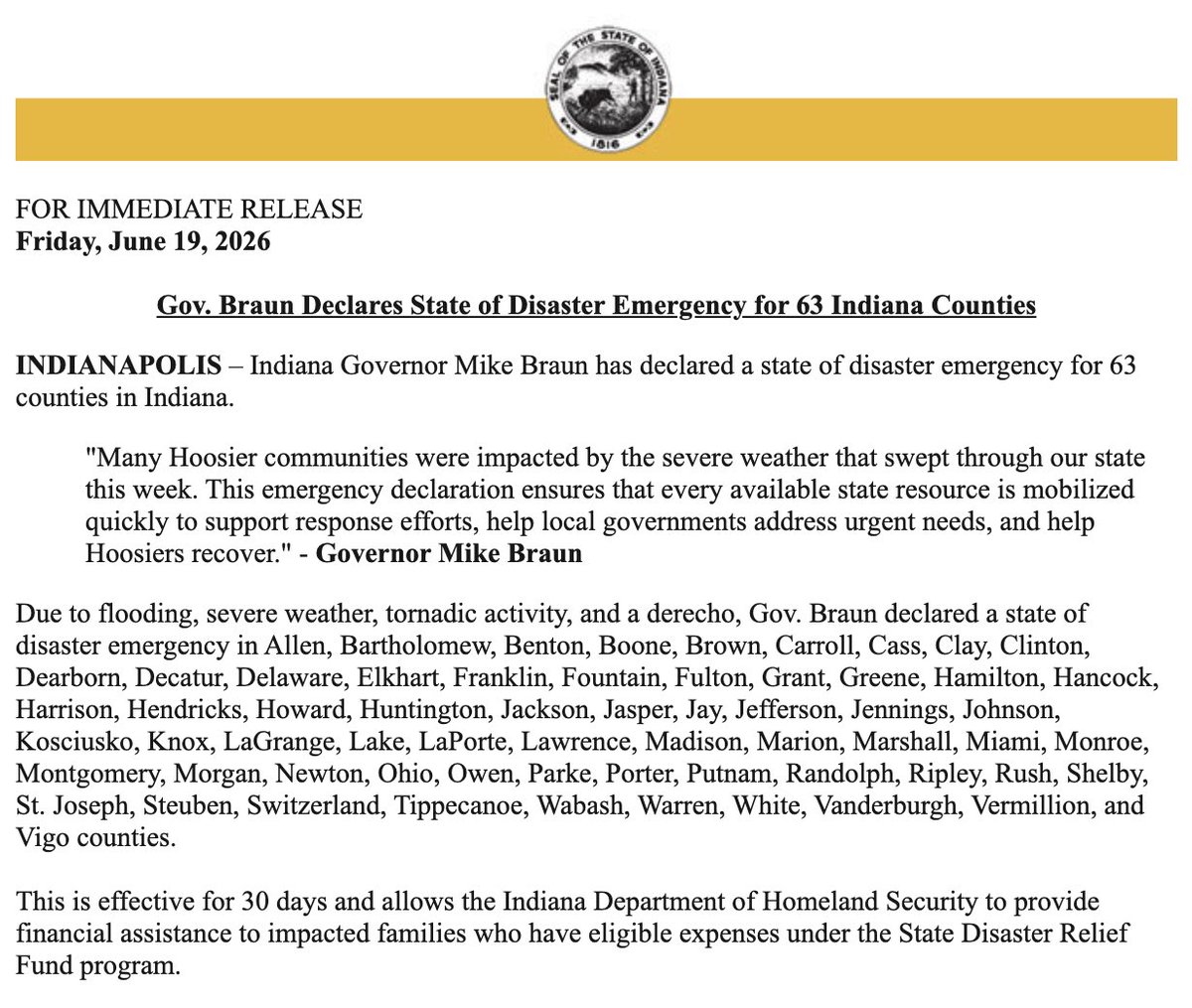 GovBraun's tweet photo. I have declared a State of Disaster Emergency for 63 Indiana counties to ensure every available state resource is mobilized to support response efforts following this week’s severe weather, assist local governments in addressing urgent needs, and help Hoosiers recover.

To apply for State Disaster Relief Fund Individual Assistance visit: https://t.co/1PpWbuimuN