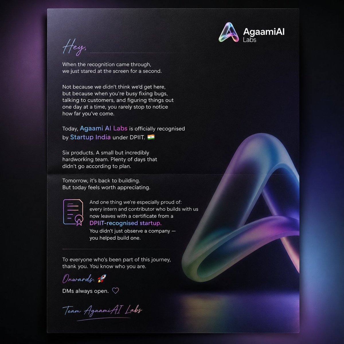 AgaamiAI's tweet photo. We stared at the screen for a solid minute when it came through.

Agaami AI Labs is officially recognised by Startup India under DPIIT. 🇮🇳
Didn't plan to get emotional about it. Did anyway.
🧵 https://t.co/JfMBZ3kMBW