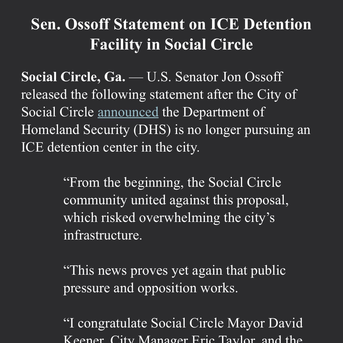 ZaidJilani's tweet photo. Ossoff and Warnock worked with a Trump-voting community to get a 10,000-person capacity ICE facility cancelled.

#bipartisanship https://t.co/bRUKUUZxpk