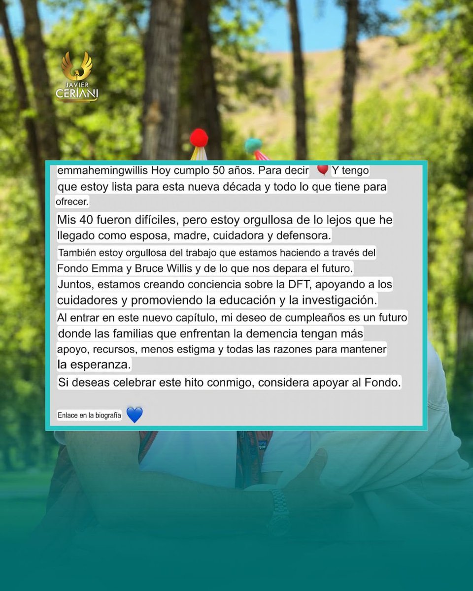 JavierCeriani's tweet photo. ❤️🎂 Emma Heming celebró sus 50 años con un mensaje lleno de emoción y esperanza.

La esposa de Bruce Willis compartió un entrañable video en el que el actor le canta el cumpleaños utilizando helio, regalando un momento que conmovió a miles de personas.

Emma también reflexionó sobre el difícil camino que ha recorrido desde que Bruce fue diagnosticado con demencia frontotemporal, destacando el aprendizaje, la fortaleza y el compromiso que ha asumido como esposa, madre, cuidadora y defensora de quienes enfrentan esta enfermedad.

🙏 Además, aprovechó la ocasión para impulsar la labor de la fundación que lleva junto al actor, enfocada en crear conciencia, apoyar a las familias afectadas y promover la investigación sobre esta condición.

✨ Un mensaje de amor, resiliencia y esperanza que no pasó desapercibido y nos emociona a todos.

#BruceWillis #EmmaHeming #Hollywood #Esperanza #JavierCeriani