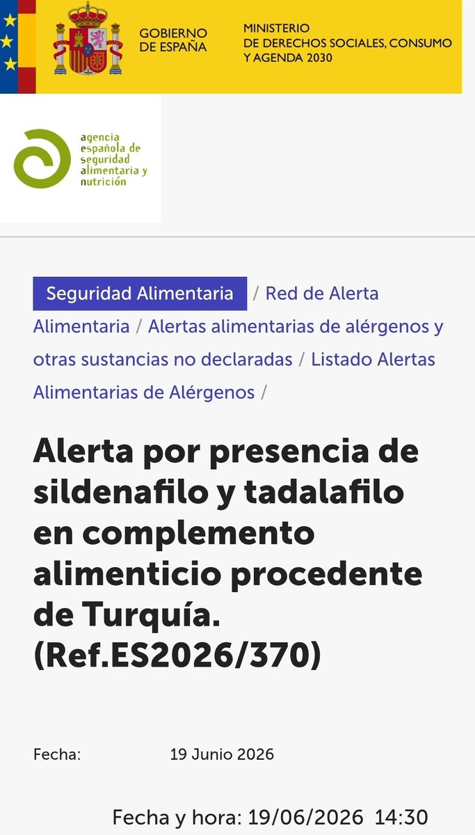 AESAN_gob_es's tweet photo. ⚠️ Alerta por presencia de sildenafilo y tadalafilo en complemento alimenticio.
🚫 No consumir.
📌 https://t.co/s8VSB81t13 https://t.co/oGTUwURWrb