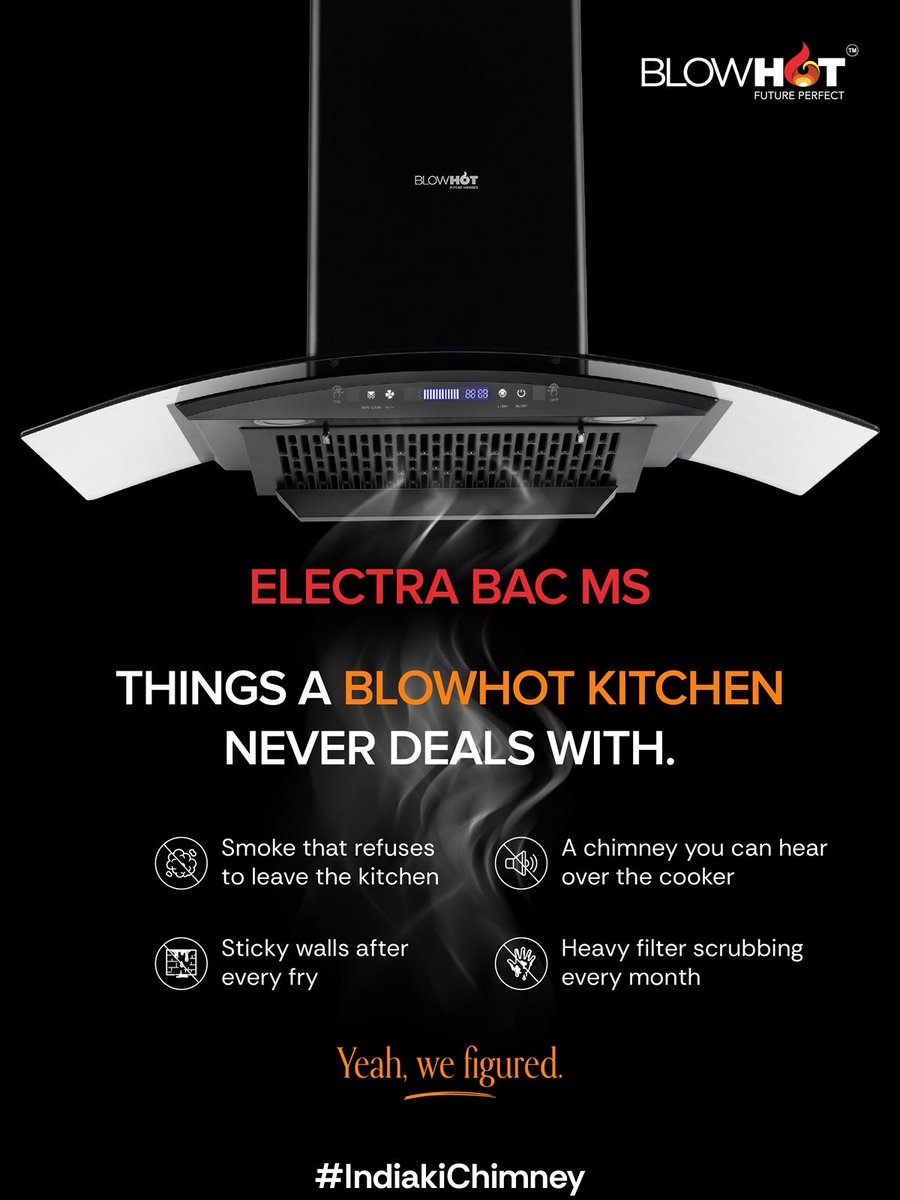 Indiablowhot's tweet photo. Things your kitchen chimney should quietly handle:
* Lingering smoke after every tadka
* Sticky walls & greasy surfaces
* Loud motor noise
* Filters needing constant cleaning
You cook. The kitchen runs. Blowhot does the rest. Since 1963.
#Blowhot #AstraBACMS #MadeInIndia https://t.co/mqlXgwoy10