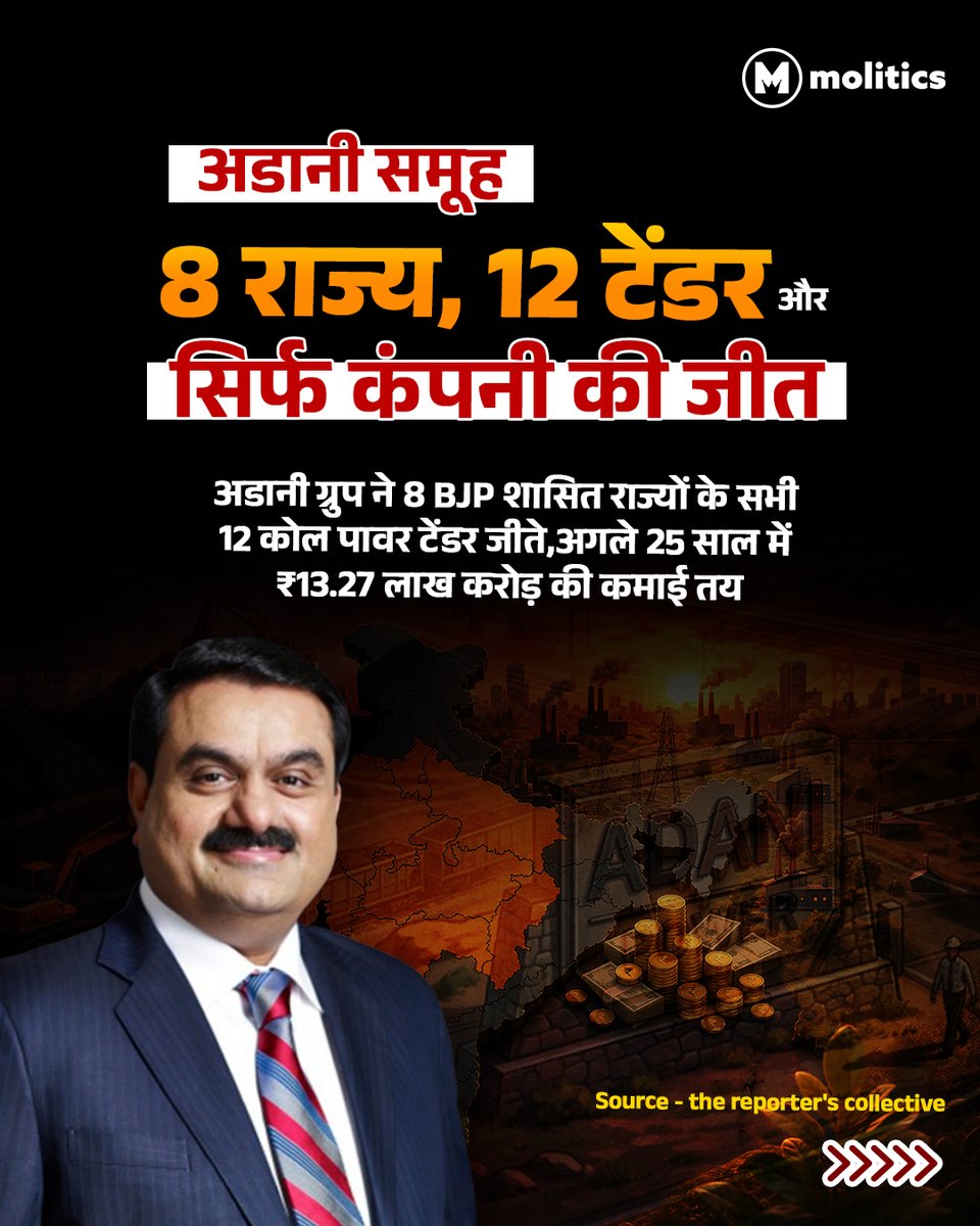 moliticsindia's tweet photo. नियम बदले, नियामक दरकिनार- अडानी ग्रुप को ₹13.27 लाख करोड़ के पावर टेंडर!

क्या यह सिर्फ एक संयोग है या फिर Crony Capitalism का नया अध्याय? The Reporter's Collective की इस चौंकाने वाली रिपोर्ट के मुताबिक, मार्च 2024 से जनवरी 2026 के बीच भाजपा शासित राज्यों के सभी बड़े कोल प��वर टेंडर अडानी ग्रुप की झोली में गए हैं। अगले 25 सालों में इससे ₹13.27 लाख करोड़ की कमाई तय है।

सवाल यह है कि इसके लिए नियम कैसे और किसके इशारे पर बदले गए? महाराष्ट्र से लेकर बिहार और मध्य प्रदेश तक की पूरी इनसाइड स्टोरी जानने के लिए स्वाइप करें।
(1/2)
#adanigroup #reporterscollective #powertender #indianpolitics