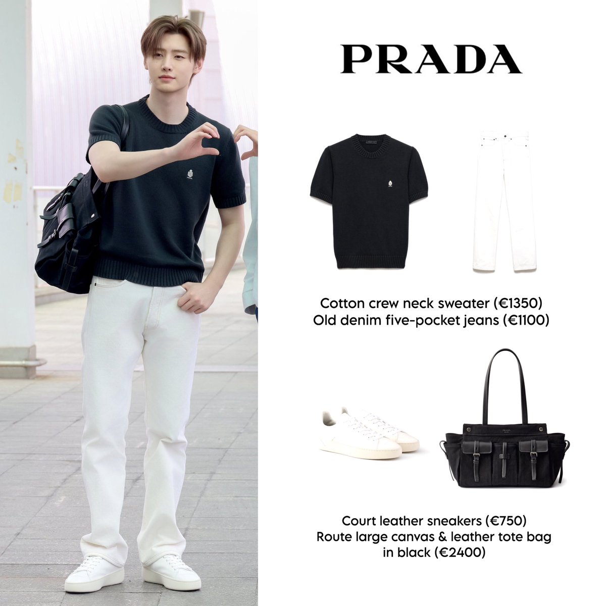 parkhoonstyle's tweet photo. Sunghoon’s airport fit [260619] 
PRADA: Cotton crew neck sweater (€1350) Old denim five-pocket jeans (€1100) Court leather sneakers (€750) Route large canvas and leather tote bag (€2400)

#sunghoon #성훈 #enhypen #prada https://t.co/bsKXZXkGPX