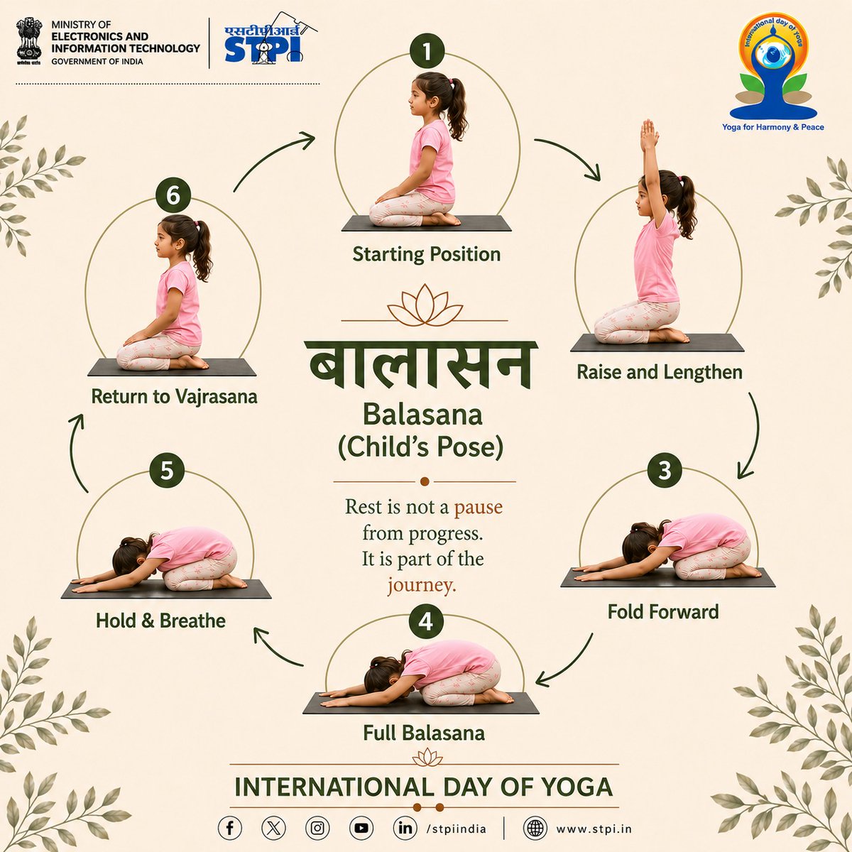 stpiindia's tweet photo. शान्तिः परमं सुखम्।

Just 1 day to go for the 12th International Day of Yoga! 
As we prepare to celebrate the transformative power of Yoga, let us reflect on the calmness, stability and inner balance embodied by Padmasana (Lotus Pose). This meditative posture encourages mindfulness, improves posture and creates a strong foundation for deep breathing and self-awareness. 🧘‍♂️

Join STPI in observing this year’s theme, “Yoga for Healthy Ageing”, and discover how the timeless practice of Yoga nurtures health, harmony and well-being at every stage of life.

#STPI #InternationalYogaDay2026 #YogaForHealthyAgeing #Wellness #STPICelebratesYogaDay #KnowYourAsanas #YogaForLife #STPIINDIA

@PMOIndia  @AshwiniVaishnaw @JitinPrasada @SecretaryMEITY @arvindtw @_DigitalIndia @NeGD_GoI @startupindia @moayush @PIB_India @DDNewslive @WHO @UN @UNinIndia @FitIndiaOff @YogaNews