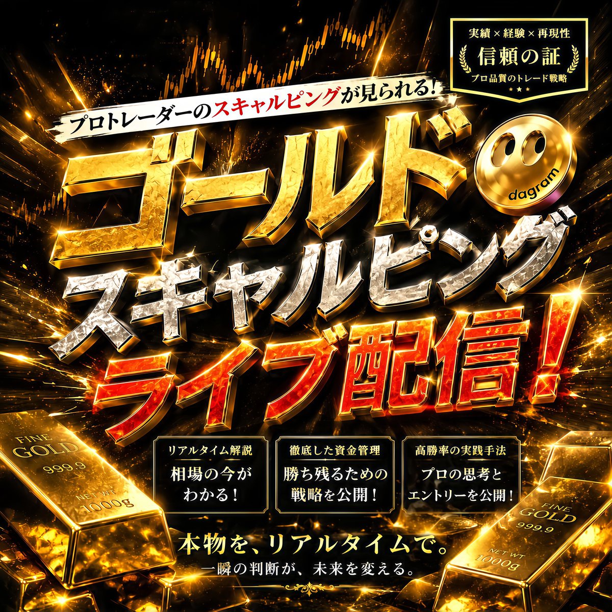 dagram_trader's tweet photo. 🚨【ライブトレード配信告知】本日21:00〜｜dagramのゴールドトレードを口座画面ごとリアルタイム公開

※まずdagramをフォローしてください。
※この投稿をいいねリポストしてください。
※これでどなたでも閲覧視聴可能です。

✔︎ 注文・保有・決済まで、すべてリアルタイムで公開します。

孤高のプロトレーダーdagram が
XAUUSD（ゴールド）のスキャルピングをライブ配信。

✔︎ 口座画面を完全共有
✔︎ エントリーから決済まで全公開
✔︎ その場で相場判断を解説

“後から作れる実績”ではなく
リアルでライブなトレードをご覧ください。

▼参加方法
リプライ欄のDiscordからご参加ください。

無料でどなたでも参加できます。

#FX #ゴールド #トレード配信 #FX初心者 #トレード初心者