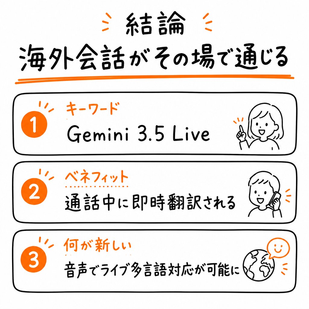 AI_EC_Hacker's tweet photo. ✔︎ 結論: Gemini 3.5 Live Translateで海外通話がその場で通じる

GoogleがGemini 3.5にリアルタイム音声翻訳を追加。ライブ通話中に相手の言葉を即座に翻訳して返してくれます。

✅ 声で話すだけで多言語対応

✅ 海外ビジネスや学習で今すぐ使える

✅ テキスト翻訳とは違い会話の流れを崩さない

これでグローバルなやり取りがかなり楽になりそうです。
