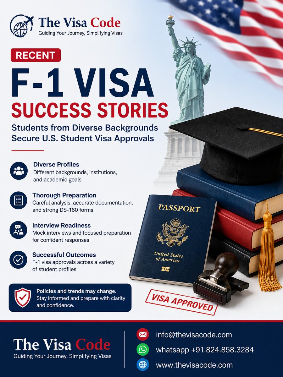 TheVisaCode's tweet photo. Real F-1 visa wins from students with diverse stories. 🎓 Read practical interview tips and success takeaways in our new blog: https://t.co/z9jy8io6sA

#F1Visa #VisaTips #StudyInUSA #IntlStudents https://t.co/p1pwKE6L4A
