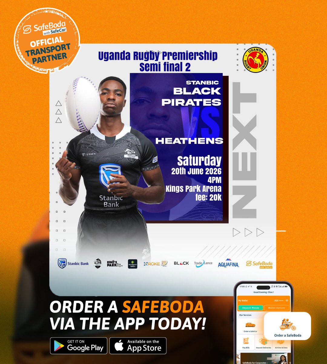 SafeBoda's tweet photo. 🏉 Semi-finals 2🏉 
@piratesrugbyUG  vs @HeathensRFC . One big battle 
Move safe to @Kingsparkarena  tomorrow with A SafeBoda or SafeCar.

#SydneyisMe #ForSydney https://t.co/Hsfwb6zS6K