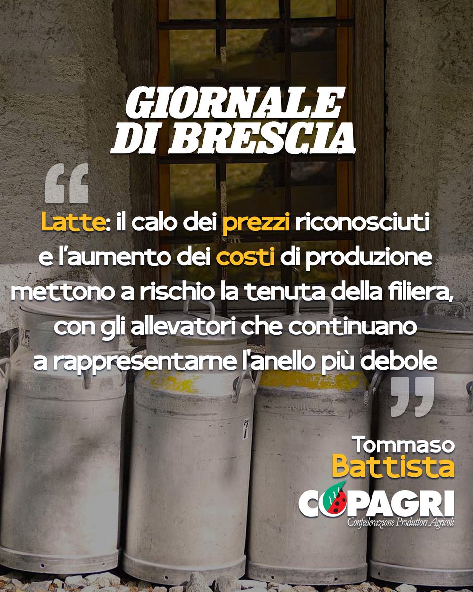 Copagri's tweet photo. #Latte: pres #Copagri @TBattistat a #StatiGeneraliLatteUe, drastico calo #prezzi prodotto spot e aumento #costi produzione mettono a rischio sostenibilità economica filiera, con allevatori che continuano a rappresentarne anello debole. via @GdB_it https://t.co/DOyaHxmN0f