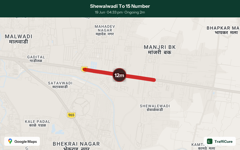 trafficure's tweet photo. Congestion alert: Shewalwadi To 15 Number
12-minute delay
Current speed: 6 km/h
Ongoing for 2 min and counting

@PuneCityTraffic @PuneCityPolice have been notified. #PuneTraffic #TrafficAlert #PuneMonsoon #FridayTraffic https://t.co/8dWApcupCK