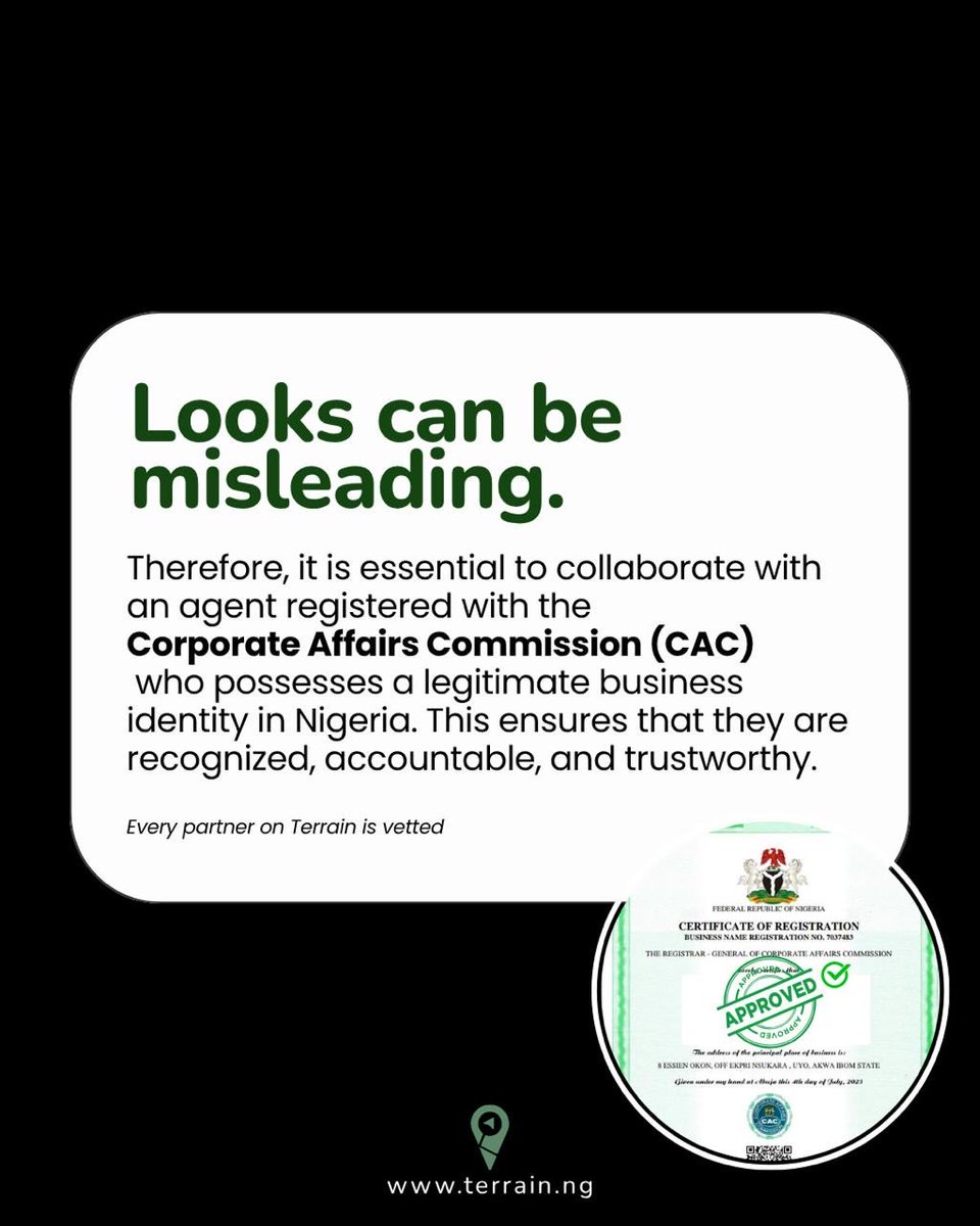 terrain_hq's tweet photo. Looks don't verify agents. Documents do. Every partner on Terrain is CAC-registered and vetted, no exceptions. 
#TerrainNG #NaijaRealEstate #AgentVerification #nigerianindispora https://t.co/IVM5qCrqlq