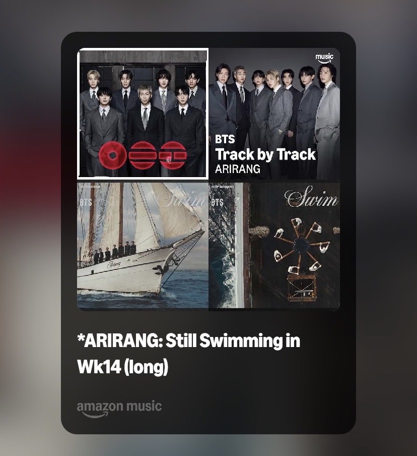 armyonamazon's tweet photo. Come on over to Amazon Music & stream #BTS with us! We’re still swimming in week 14!!

Check out this long busy day or overnight Amazon playlist updated to include both “Swim” & “Come Over:” https://t.co/jsFkSmZonr

🆓 premium 4 month trial on sale for short time: https://t.co/v9R0r4RcBy (search browser for link in your country)

#ARMYonAmazonMusic 
#BTS_ARIRANG