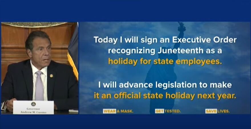 andrewcuomo's tweet photo. Juneteenth is a day to remember a painful chapter in our nation’s history, honor the long struggle for freedom, and recommit ourselves to the work of justice and equality.

I was proud to sign the Executive Order — and later the legislation — making New York one of the first states to recognize Juneteenth as an official holiday.

Today, we reflect, we celebrate, and we continue the fight to build a more equal and more perfect union.