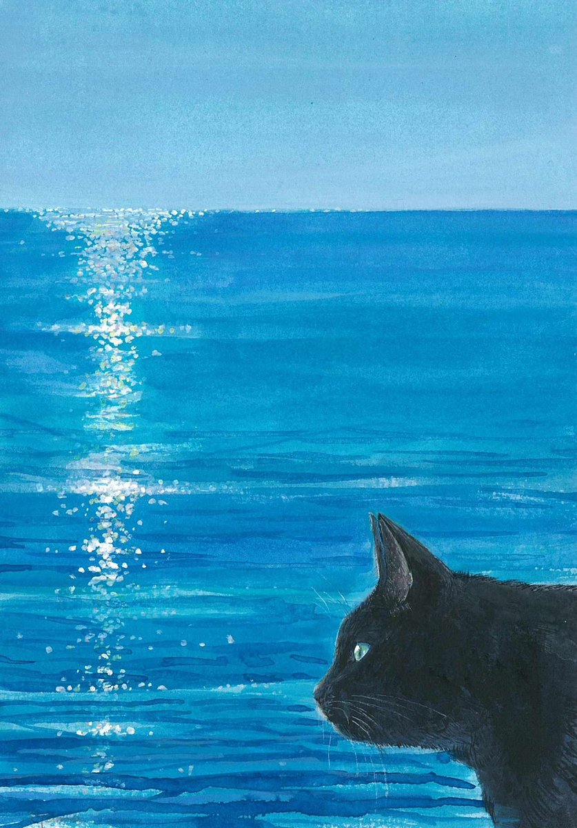 gomaramen888's tweet photo. 「水面」
黒猫は、波の音を聞きながら、どんどん歩いて行きました。
サラサラした砂は少し暑かったけれど、海の匂いがする風が、優しく黒猫を冷やしてくれました。
https://t.co/VI5tnWIgGI
（販売中） https://t.co/YGCryW5tMn