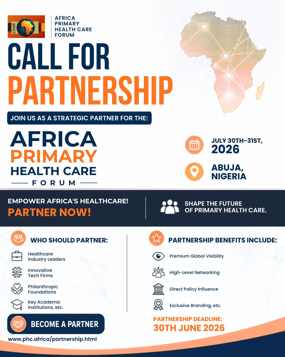 APHCF_info's tweet photo. Call for Partnership is still ongoing!!! 

Big change starts with bold partnerships.

Join us as a strategic partner at the Africa Primary Health Care Forum 2026 and help shape conversations that drive stronger, more accessible health systems across Africa.

Why partner?
✓ Premium visibility
✓ High-level networking
✓ Policy influence
✓ Strategic positioning

Location: Abuja, Nigeria
Date: 30–31 July, 2026

Partnership closes: 30 June, 2026

Apply → https://t.co/6MdrnPKKzx

#APHCF2026 #AfricaHealth #PrimaryHealthCare #aphcf2026 #phc #aphcf