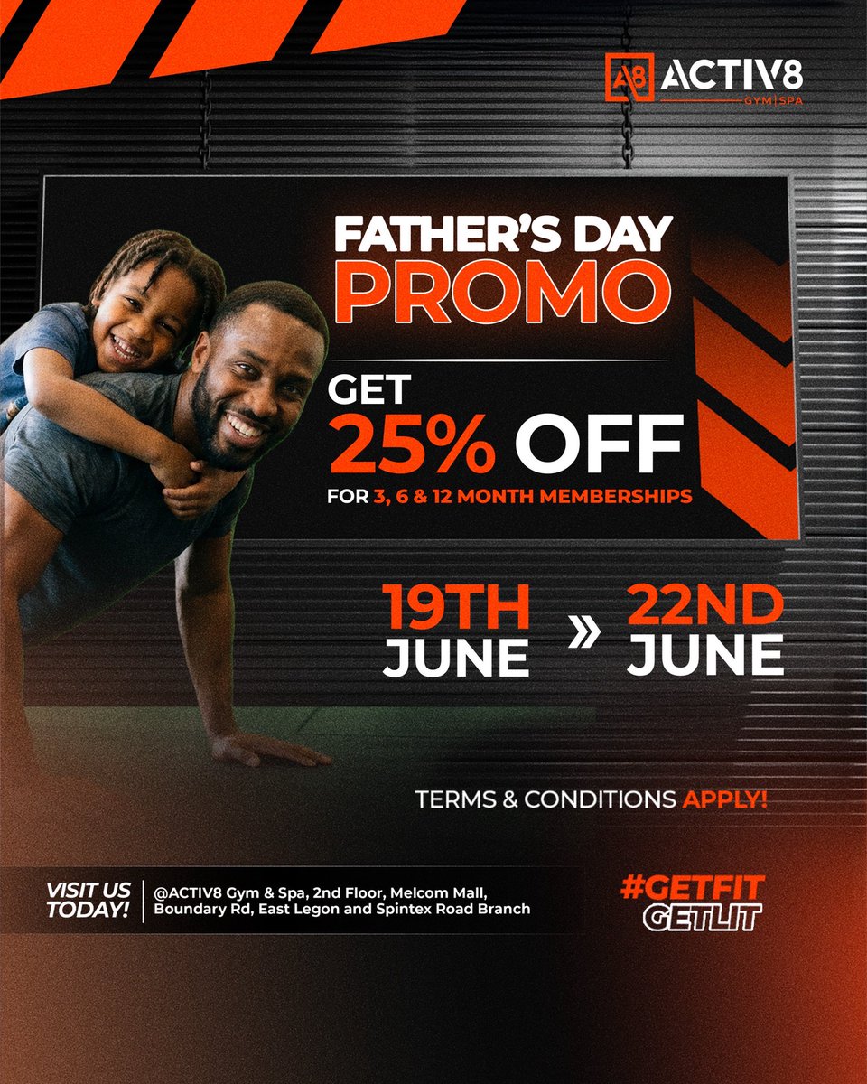 activ8ghana's tweet photo. We are slashing 25% OFF all 3, 6, and 12-month memberships for our Father’s Day Promo!

🗓️ When: June 19th – June 22nd
📍 Where: ACTIV8 East Legon (Melcom Mall) &amp; Spintex Road Branch
Four days only. Grab your discount before it expires soon! 🏋️‍♂️✨

#ACTIV8 #FathersDayGhana https://t.co/g4vd8V3dYN