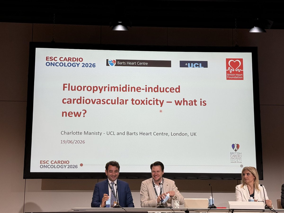 slumberbell's tweet photo. 🫀Fluoropyrimidines induced #cardiotoxicity, what is new? by Prof @dr_manisty at #ESCardioOnco26:

📍~30% of solid tumour regimens contain fluoropyrimidines
📍>2 million patients receive 5-FU/#capecitabine annually
📍#Fluoropyrimidines are the 2nd most common cause of cancer drug-related cardiac death
📍Symptoms often occur early, with a peak onset around 3 days after treatment initiation
📍Baseline CV risk assessment remains essential before starting therapy
📍Consider CAD screening in selected high/very-high-risk patients
📍Coronary vasospasm is the most common presentation, but MI can occur
📍Rechallenge may be possible in carefully selected patients after MDT discussion, exclusion of severe CAD, & initiation of prophylactic anti-anginal therapy

#CardioOncology #Cardiotoxicity @escardio