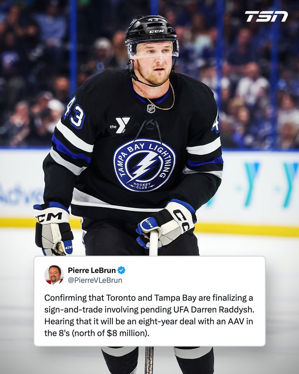 TSN_Sports's tweet photo. The Maple Leafs and Lightning are finalizing a sign-and-trade involving Darren Raddysh, per Pierre Lebrun. https://t.co/Cfs9ssWNMb