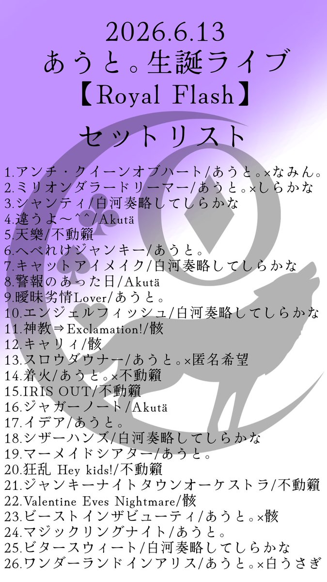 out_inside_'s tweet photo. あうと｡生誕ワンマン【Wonderland】
あうと｡生誕ライブ【Royal Flash】

セットリストを公開させていただきます！

ワンマンはアーティスト様
2部は演者様を記載しております。 https://t.co/92Qq1vfR7O