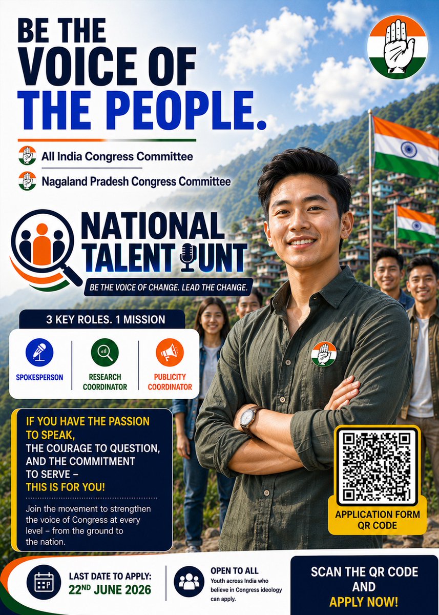 RunashreeSaikia's tweet photo. The Indian National Congress has launched a Talent Hunt Program in Arunachal Pradesh and Nagaland. 

Applications are invited for the following roles:

- Spokesperson
- Research Coordinator
- Publicity Coordinator

Form link (English):
https://t.co/SqEgrHoMxs… https://t.co/9x69UYvyhS