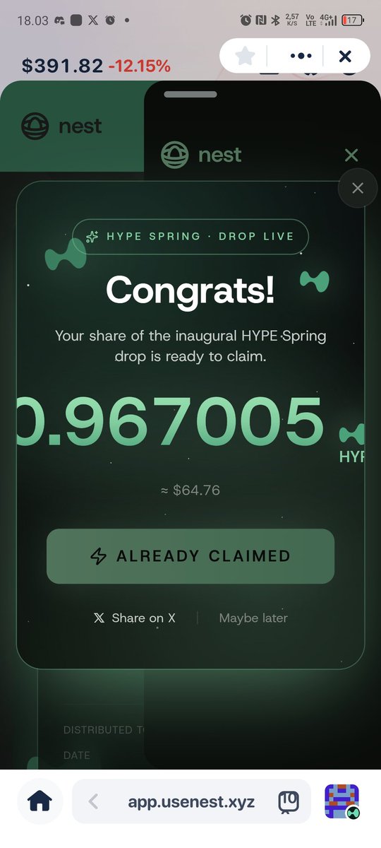 Uncle_xzi's tweet photo. Just claimed my HYPE Spring reward from @NestExchange 

Got 0.967 HYPE this epoch from the HYPE Engine Vault 

First time getting it, feels good 🦾

HYPE must grow https://t.co/lGgRvt9BJM