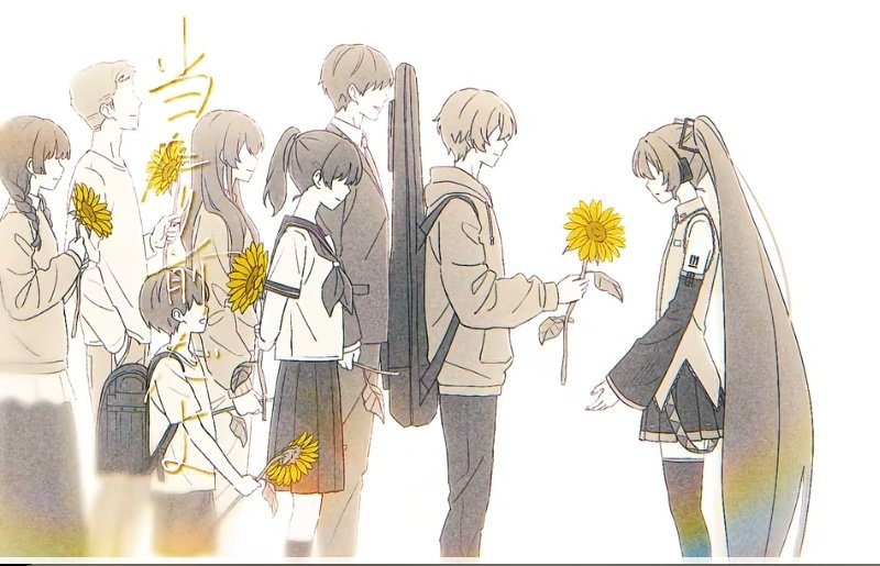 mirai_8239's tweet photo. たった1本のヒマワリを枯れるまで持ち歩いて誰かに未来を明日をあたえ続けた初音ミクに対して5本のひまわり

意味は「あなたに出会えてよかった」 
 
1本のヒマワリは「貴方が運命の人」
枯れたヒマワリは「また明日」

運命の人を探し続け、そして誰かに未来をあたえる。ほんまに素晴らしいMV https://t.co/EZ1bVZtB1i