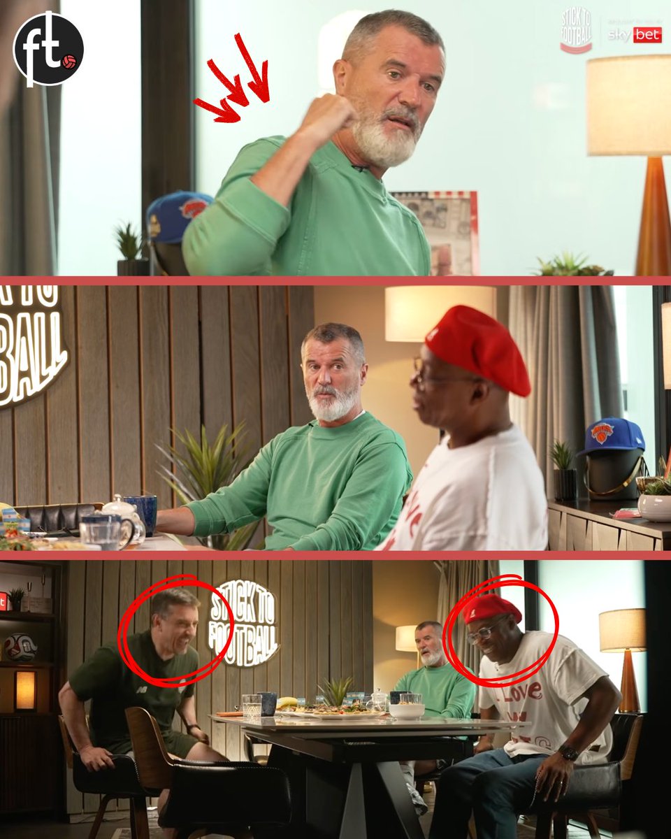 Footballtweet's tweet photo. 🇮🇪😂 Roy Keane has done it again on the Overlap with another beautiful RANT and had Gary Neville and Ian Wright cracking up: 

🗣️ Keane: "When the player's wives and families are going to the match, and the wives have got the jerseys with the player's names on the back. WOW. No, no. Children is fine. But the wives and partners wearing their jerseys with the names on the back? WOW. Are you not with me, Ian?"

🗣️ Wright: "No I'm not with you on that one. I'm with the wives." 

🗣️ Keane: "C'MON. A year later they're separated most of them. And they're all getting pictures and pointing at 'Jimmy' or 'Jonny' on the back. We know who you're married to. No the children's fine but the partners? It's ridiculous. I'm not having it." 😭

🗣️ Wright: "I'm with the wives here. They just want to wear a shirt to support their partner. It's as simple as that."