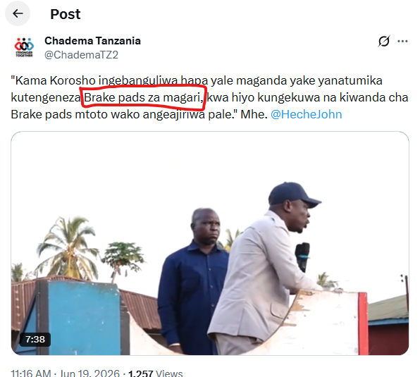 MagingaGrey's tweet photo. Sema Chadema waongo sana, kwamba maganda ya Korosho yanatumika kutengenezea Brake pads za magari? Mbona Chadema mnapenda kutumuia uwongo kupata huruma ya Watanzania? Jamani hebu semeni nyie, alichokisema Heche hapa ni kweli? https://t.co/ZDwcACy9lZ
