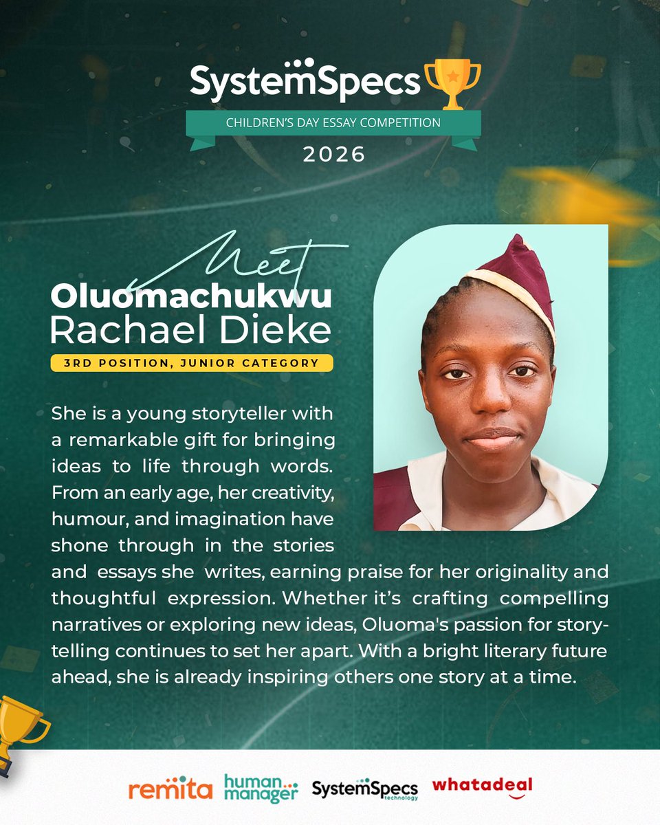 SystemSpecsNig's tweet photo. Meet our CDEC 2026 🥉 Third Place Winners, young visionaries proving that age is no barrier to making an impact.
Join us in celebrating their remarkable achievement. 🌟
#CDEC2026 #FutureLeaders #SystemSpecs #InnovatingTheFuture #TechChampions https://t.co/brM6qw63ER