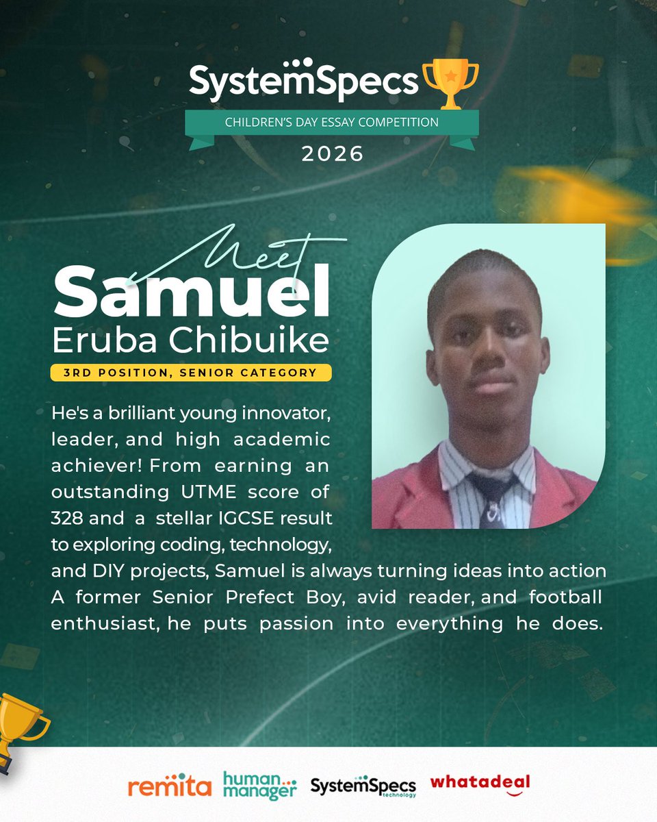 SystemSpecsNig's tweet photo. Meet our CDEC 2026 🥉 Third Place Winners, young visionaries proving that age is no barrier to making an impact.
Join us in celebrating their remarkable achievement. 🌟
#CDEC2026 #FutureLeaders #SystemSpecs #InnovatingTheFuture #TechChampions https://t.co/brM6qw63ER